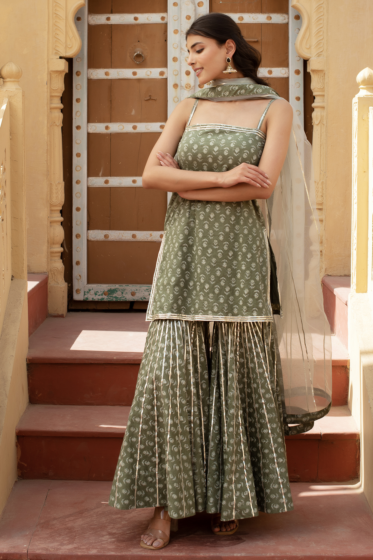 Sage Green Cotton Hand Block Printed Sharara Set by Pomcha Jaipur at Pernia's Pop Up Shop