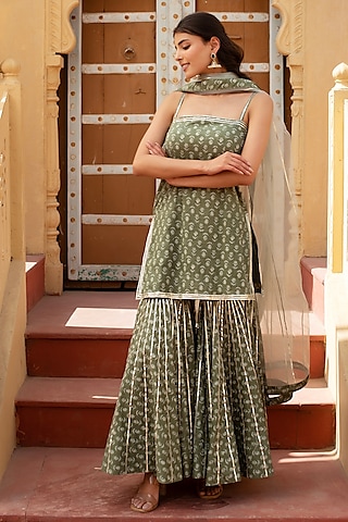 Sage Green Cotton Hand Block Printed Sharara Set by Pomcha Jaipur