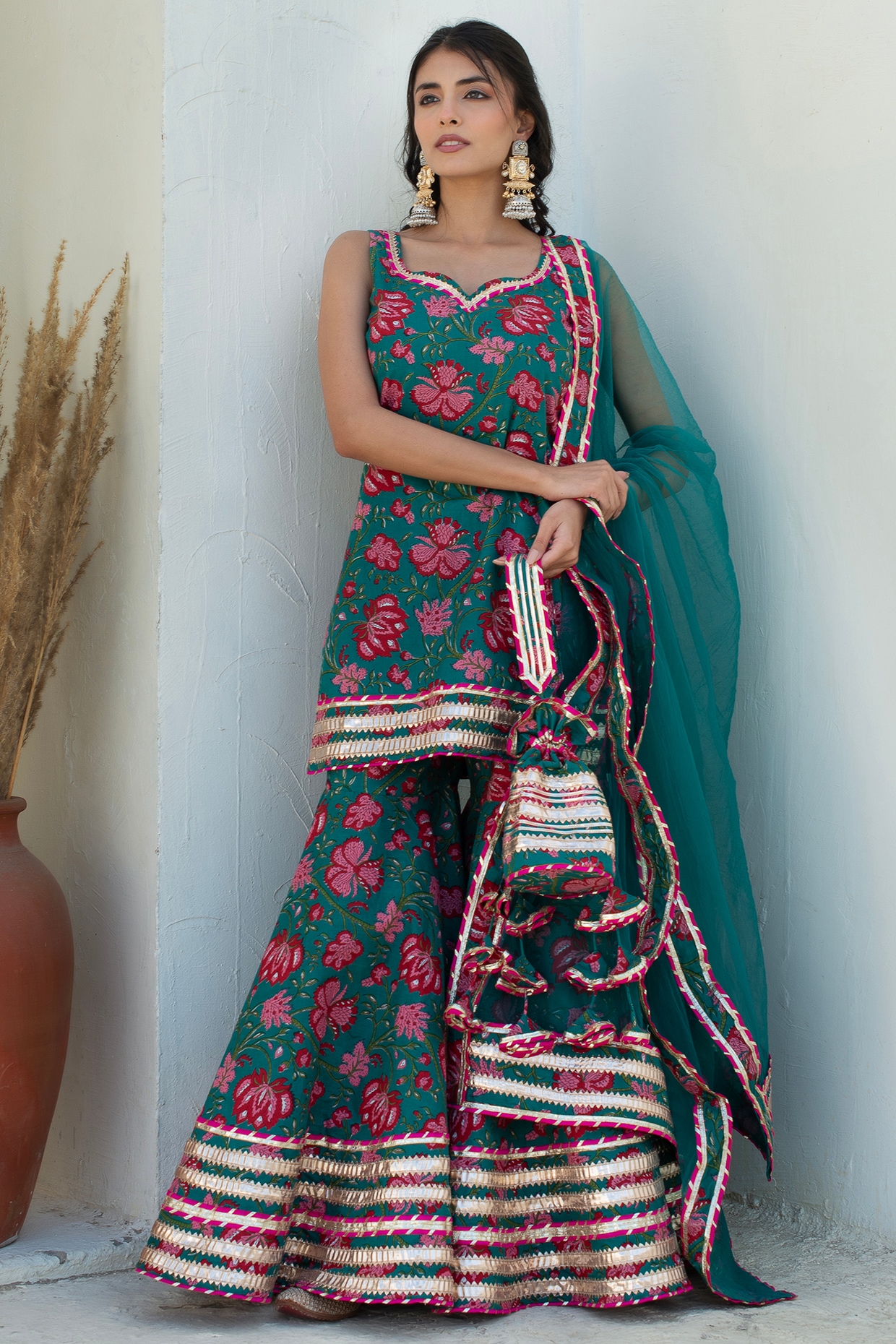 Ethnic Motif Printed Gota Patti Embellished Top Sharara Set