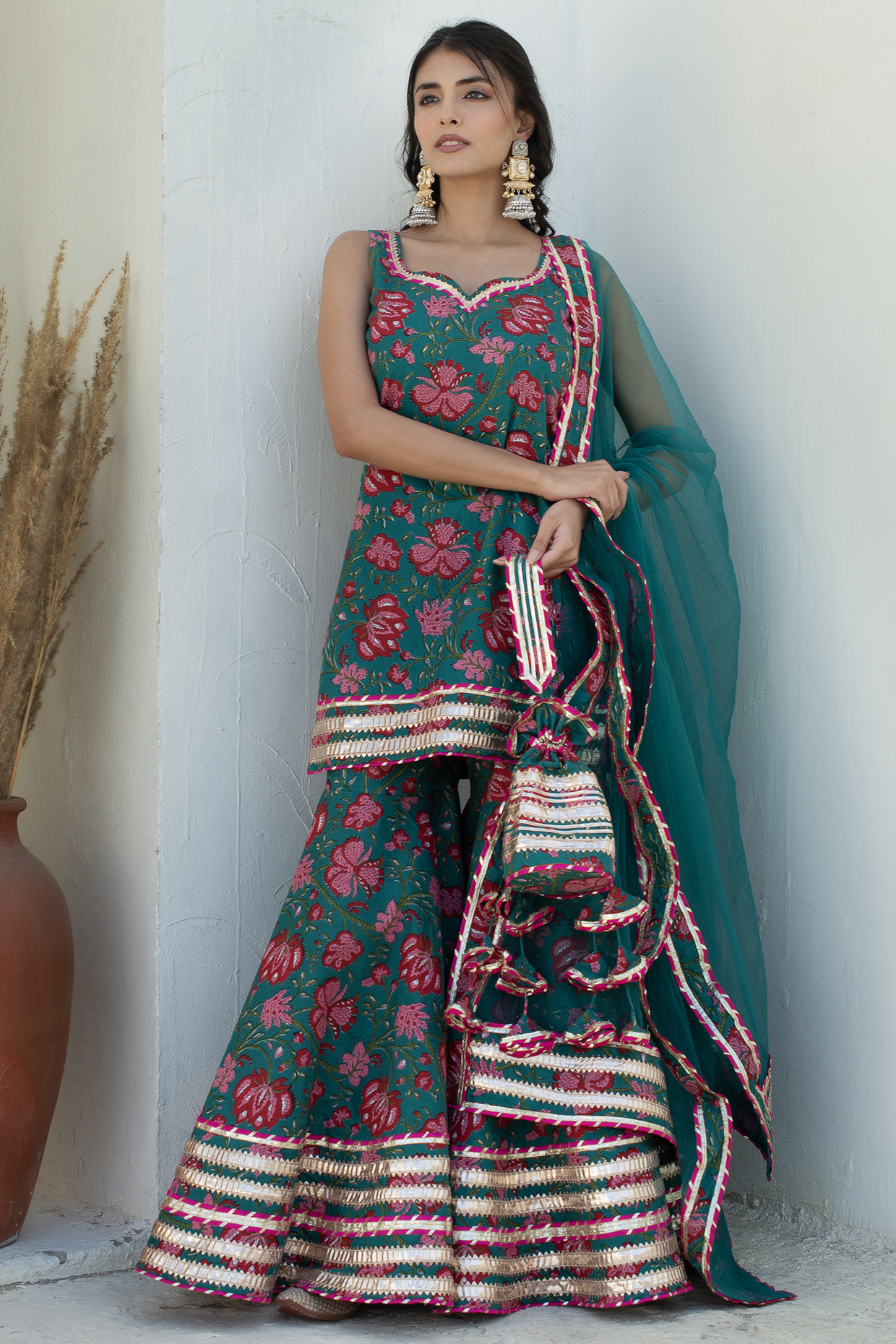 Teal Blue Cotton Gota Patti Work Sharara Set by Pomcha Jaipur at Pernia's Pop Up Shop