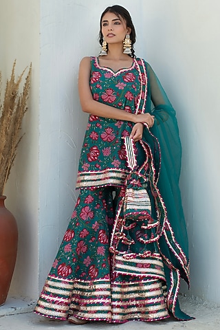 Teal Blue Cotton Gota Patti Work Sharara Set by Pomcha Jaipur