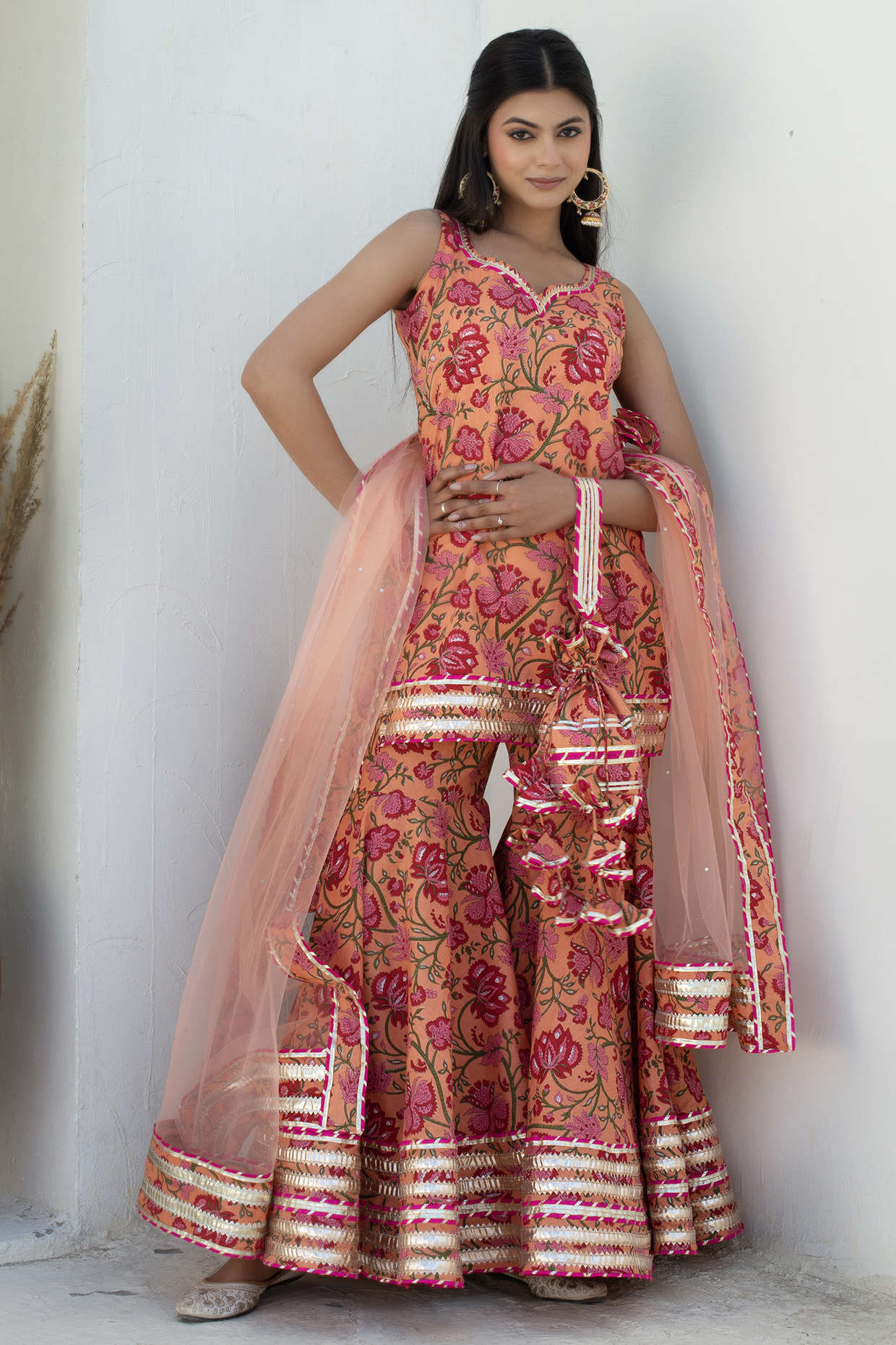 Peach Cotton Gota Patti Work Sharara Set by Pomcha Jaipur at Pernia's Pop Up Shop