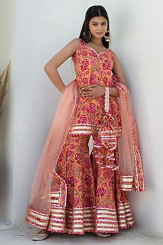 Peach Cotton Gota Patti Work Sharara Set by Pomcha Jaipur