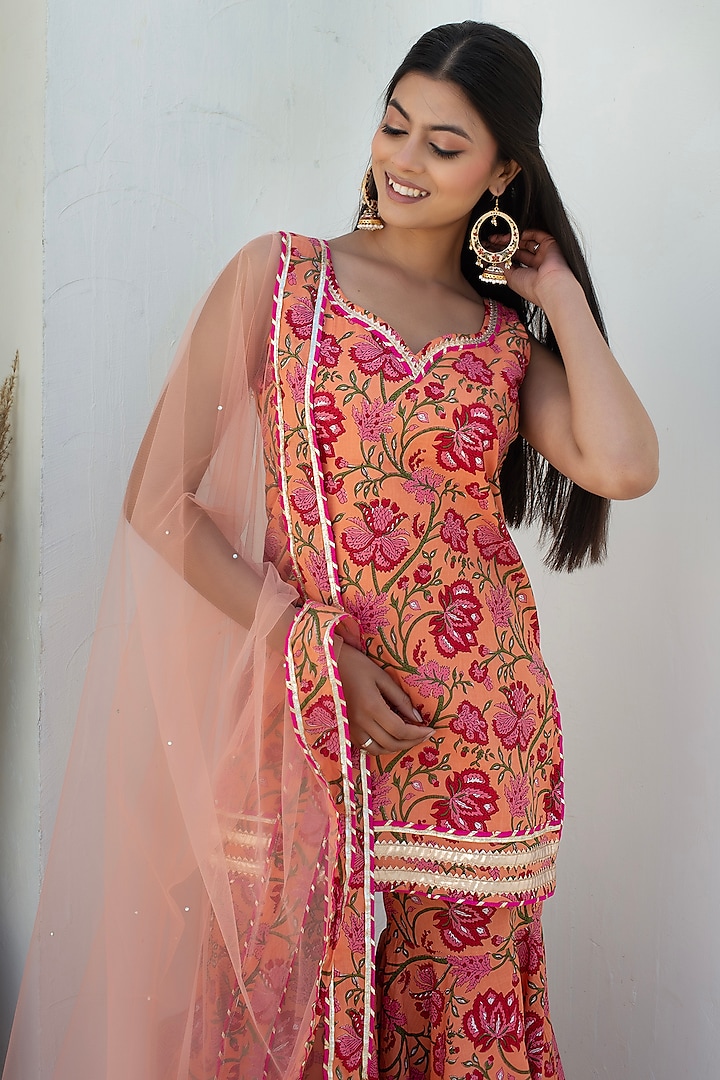 Peach Cotton Gota Patti Work Party Wear Sharara Set by Pomcha Jaipur at Pernia's Pop Up Shop