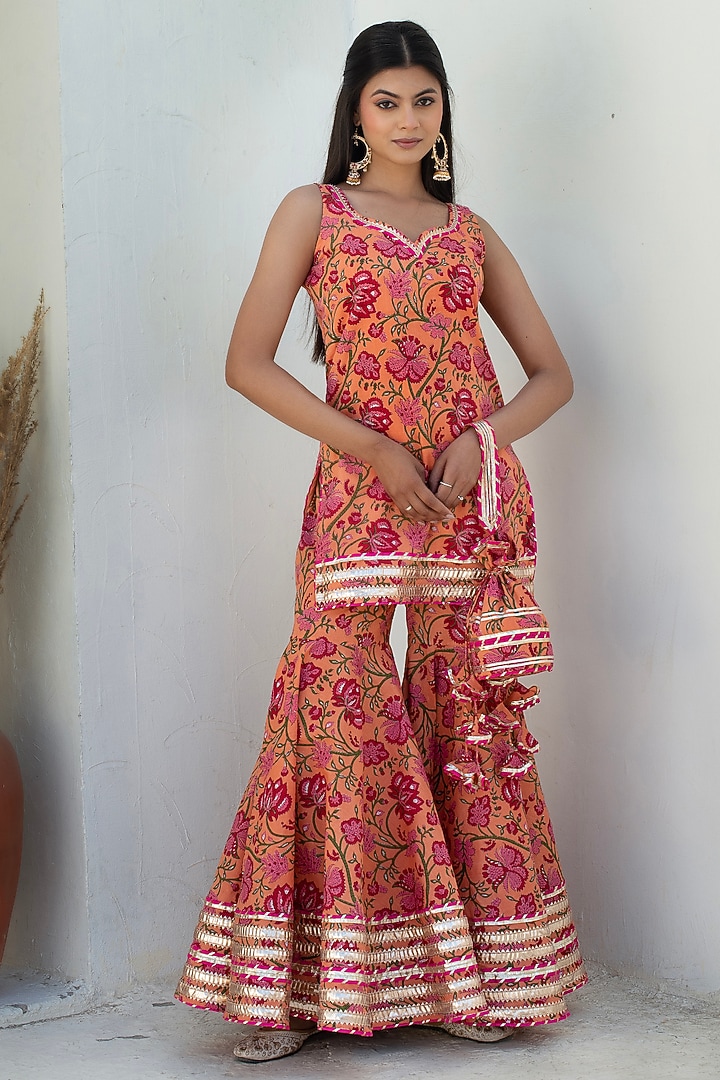 Peach Cotton Gota Patti Work Party Wear Sharara Set by Pomcha Jaipur at Pernia's Pop Up Shop