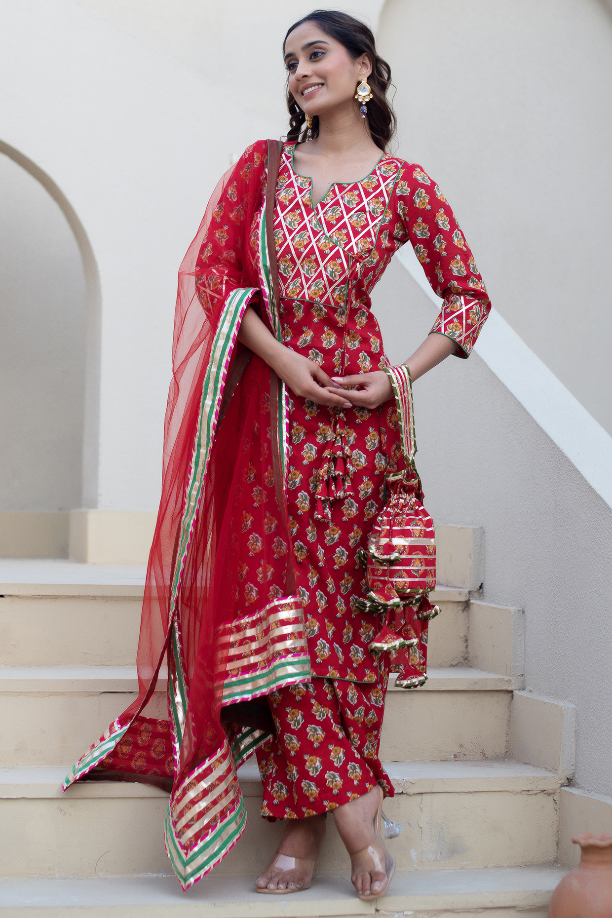 Red Cotton Hand Block Printed Kurta Set by Pomcha Jaipur at Pernia's Pop Up Shop