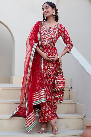 Red Cotton Hand Block Printed Kurta Set by Pomcha Jaipur