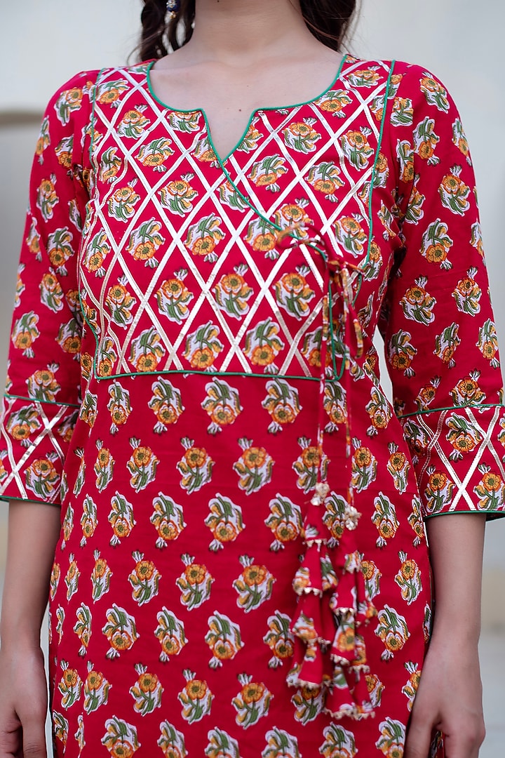 Red Cotton Hand Block Printed Kurta Set by Pomcha Jaipur at Pernia's Pop Up Shop