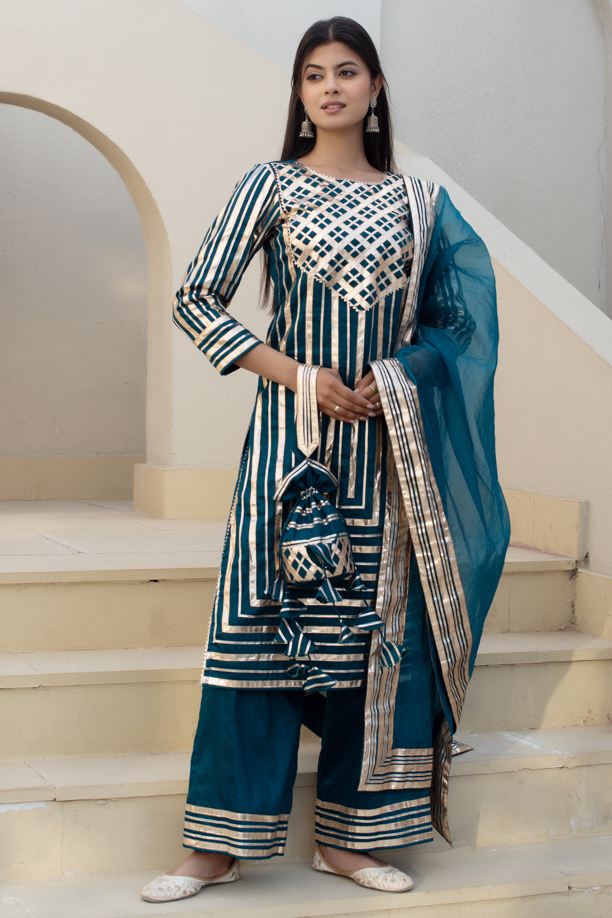Blue-Green Glace Cotton Gota Patti Work Kurta Set by Pomcha Jaipur at Pernia's Pop Up Shop