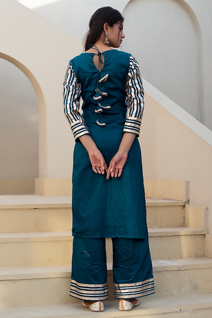 Blue-Green Glace Cotton Gota Patti Work Kurta Set by Pomcha Jaipur at Pernia's Pop Up Shop
