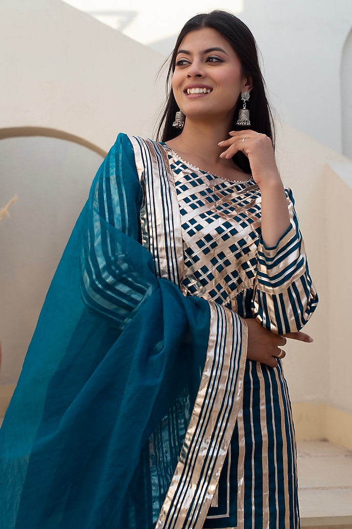 Blue-Green Glace Cotton Gota Patti Work Kurta Set by Pomcha Jaipur at Pernia's Pop Up Shop