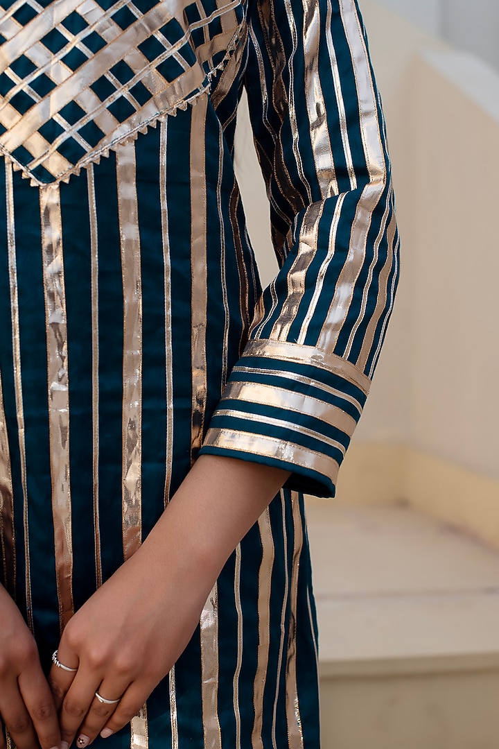 Blue-Green Glace Cotton Gota Patti Work Kurta Set by Pomcha Jaipur at Pernia's Pop Up Shop