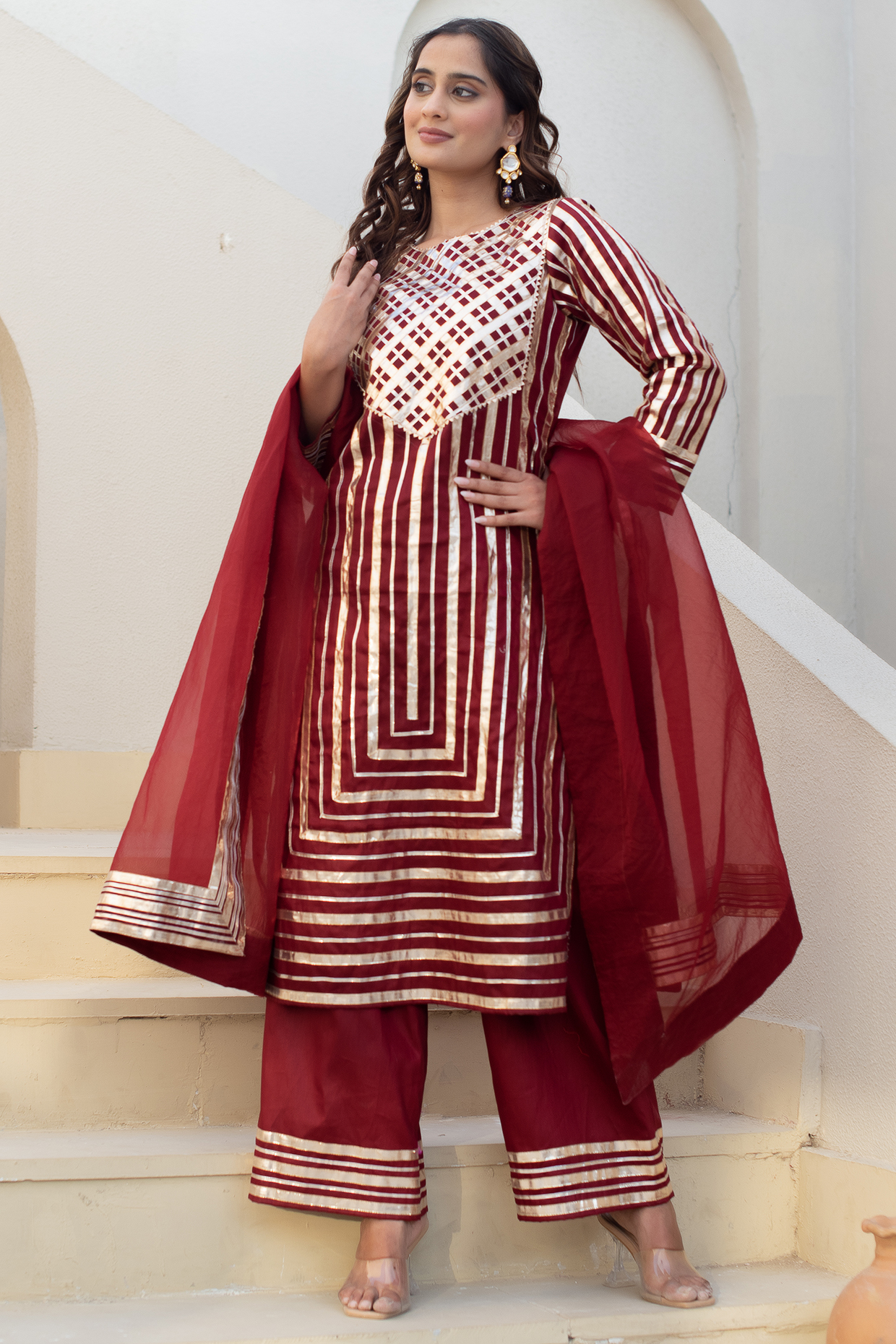 Maroon Glace Cotton Gota Patti Work Kurta Set by Pomcha Jaipur at Pernia's Pop Up Shop