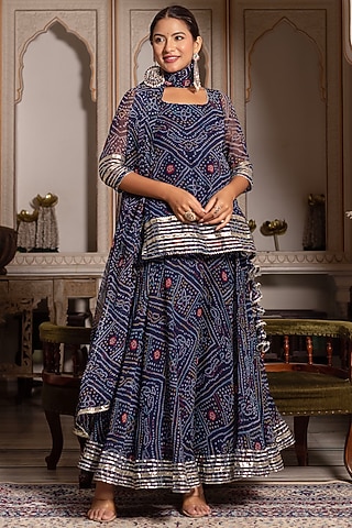 Blue Georgette Bandhej Printed & Gota Patti Embroidered Skirt Set by Pomcha Jaipur