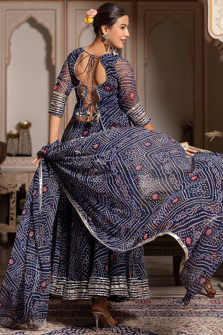 Blue Georgette Bandhej Printed & Gota Patti Embroidered Skirt Set by Pomcha Jaipur at Pernia's Pop Up Shop