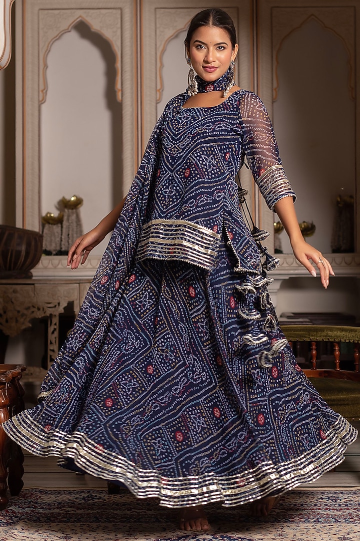Blue Georgette Bandhej Printed & Gota Patti Embroidered Skirt Set by Pomcha Jaipur at Pernia's Pop Up Shop
