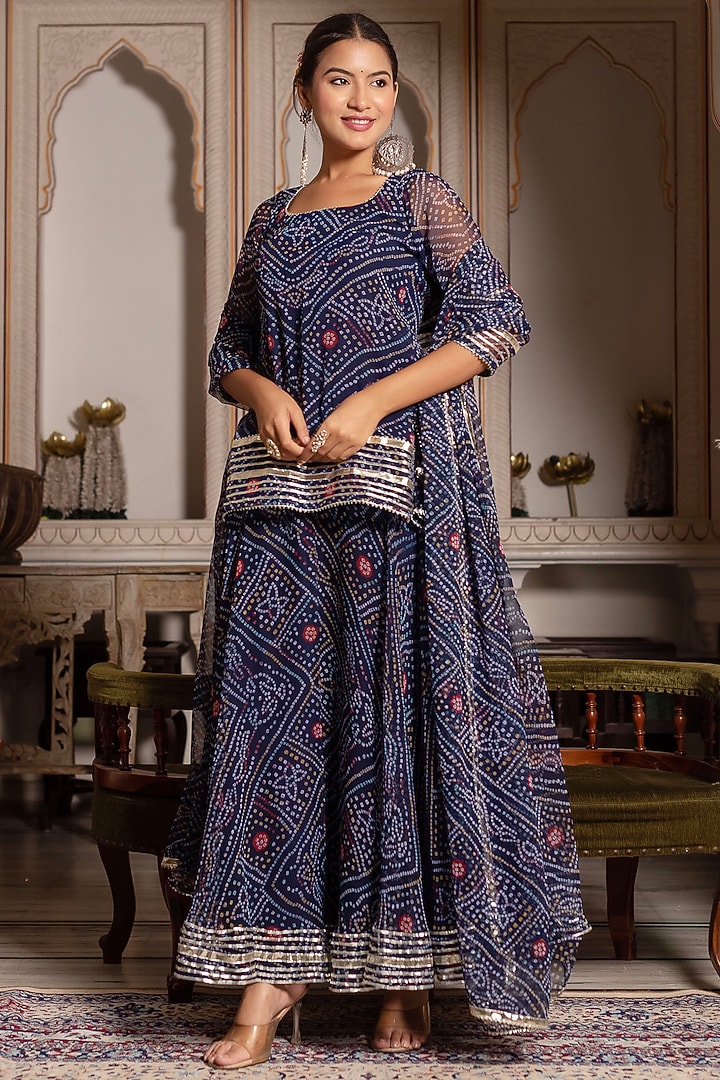 Blue Georgette Bandhej Printed & Gota Patti Embroidered Skirt Set by Pomcha Jaipur at Pernia's Pop Up Shop