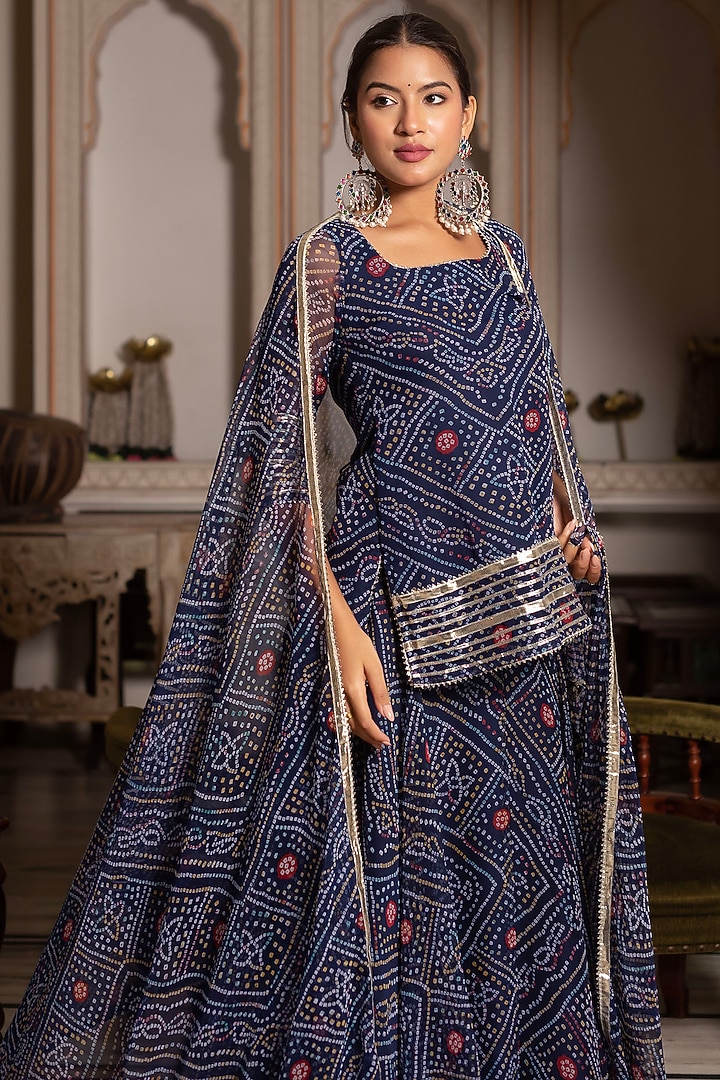 Blue Georgette Bandhej Printed & Gota Patti Embroidered Skirt Set by Pomcha Jaipur at Pernia's Pop Up Shop