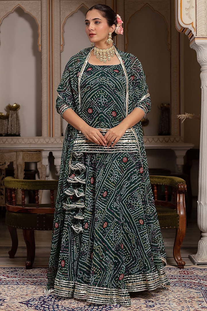 Green Georgette Bandhej Printed & Gota Patti Embroidered Skirt Set by Pomcha Jaipur at Pernia's Pop Up Shop
