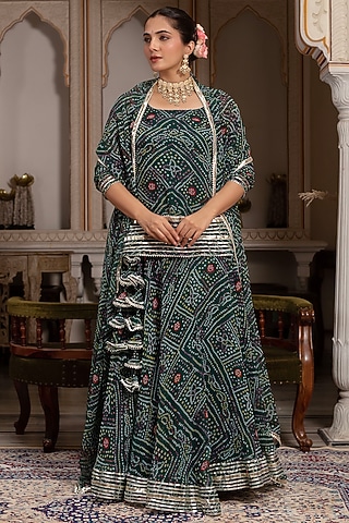 Green Georgette Bandhej Printed & Gota Patti Embroidered Skirt Set by Pomcha Jaipur