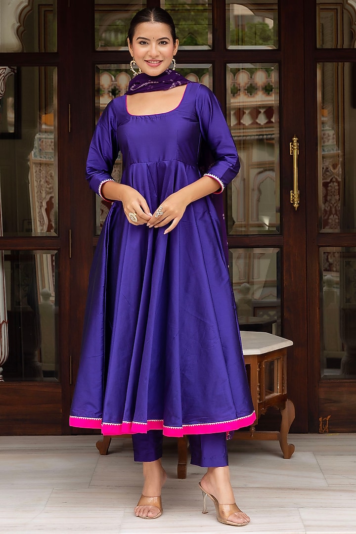 Blue Taffeta Silk Anarkali Set by Pomcha Jaipur at Pernia's Pop Up Shop