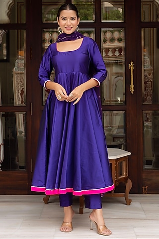 Blue Taffeta Silk Anarkali Set by Pomcha Jaipur