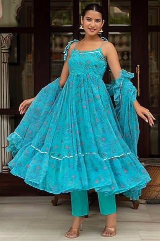 Blue Georgette Bandhej Printed Anarkali Set by Pomcha Jaipur