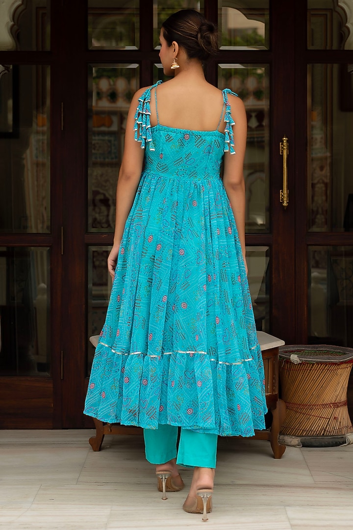 Blue Georgette Bandhej Printed Anarkali Set by Pomcha Jaipur at Pernia's Pop Up Shop