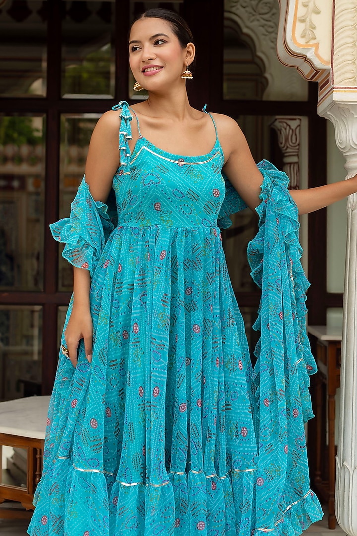 Blue Georgette Bandhej Printed Anarkali Set by Pomcha Jaipur at Pernia's Pop Up Shop