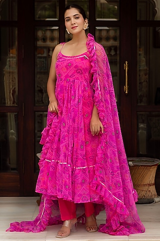 Gulaal Pink Georgette Bandhej Printed Anarkali Set by Pomcha Jaipur