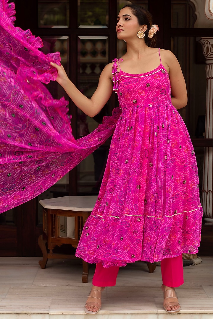 Gulaal Pink Georgette Bandhej Printed Anarkali Set by Pomcha Jaipur at Pernia's Pop Up Shop