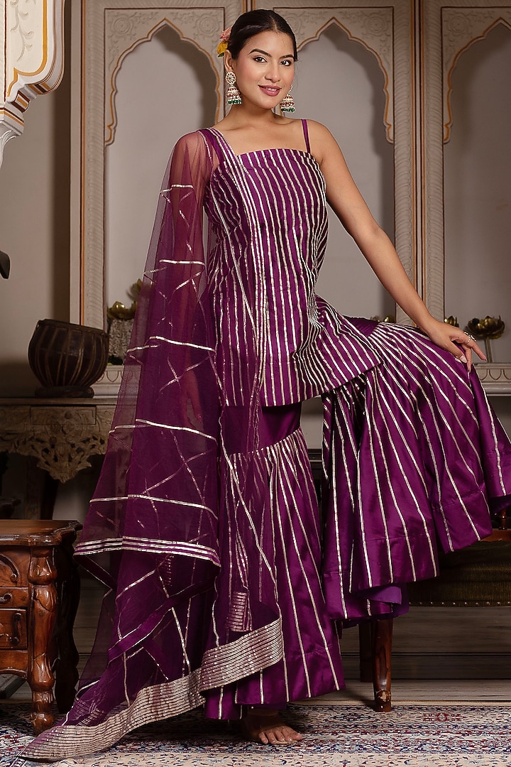 Plum Taffeta Silk Gota Patti Embroidered Party Wear Sharara Set by Pomcha Jaipur at Pernia's Pop Up Shop