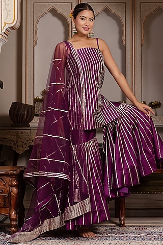 Plum Taffeta Silk Gota Patti Embroidered Sharara Set by Pomcha Jaipur