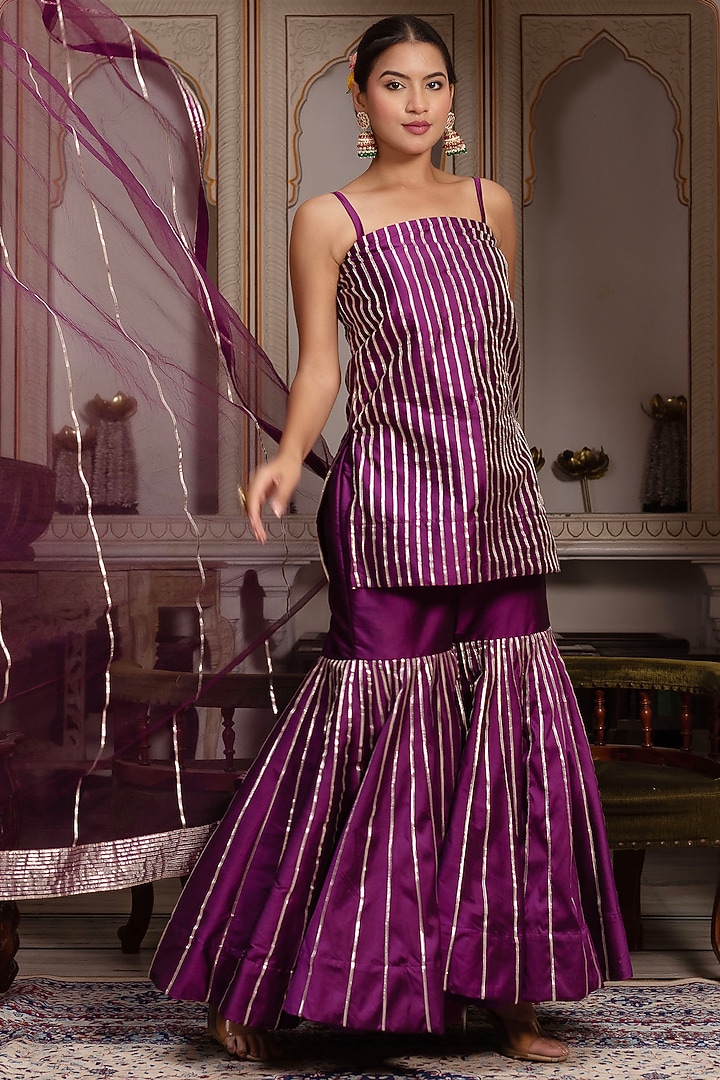 Plum Taffeta Silk Gota Patti Embroidered Party Wear Sharara Set by Pomcha Jaipur at Pernia's Pop Up Shop