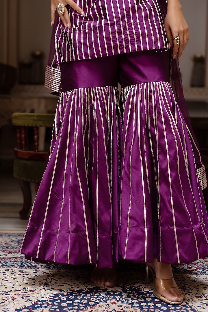 Plum Taffeta Silk Gota Patti Embroidered Party Wear Sharara Set by Pomcha Jaipur at Pernia's Pop Up Shop