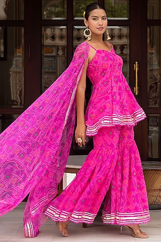 Pink Georgette Bandhej Printed Sharara Set by Pomcha Jaipur