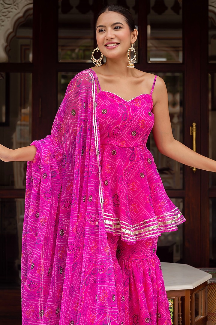 Pink Georgette Bandhej Printed Sharara Set by Pomcha Jaipur at Pernia's Pop Up Shop
