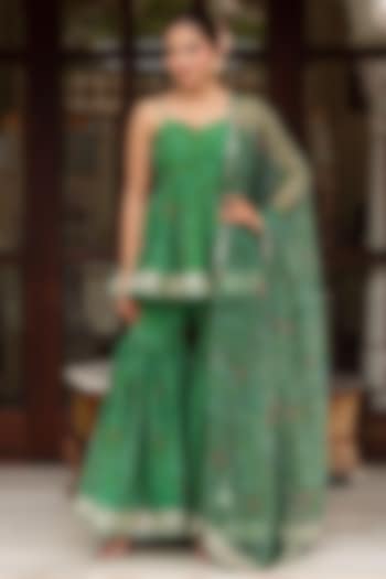 Green Georgette Bandhej Printed Sharara Set by Pomcha Jaipur at Pernia's Pop Up Shop