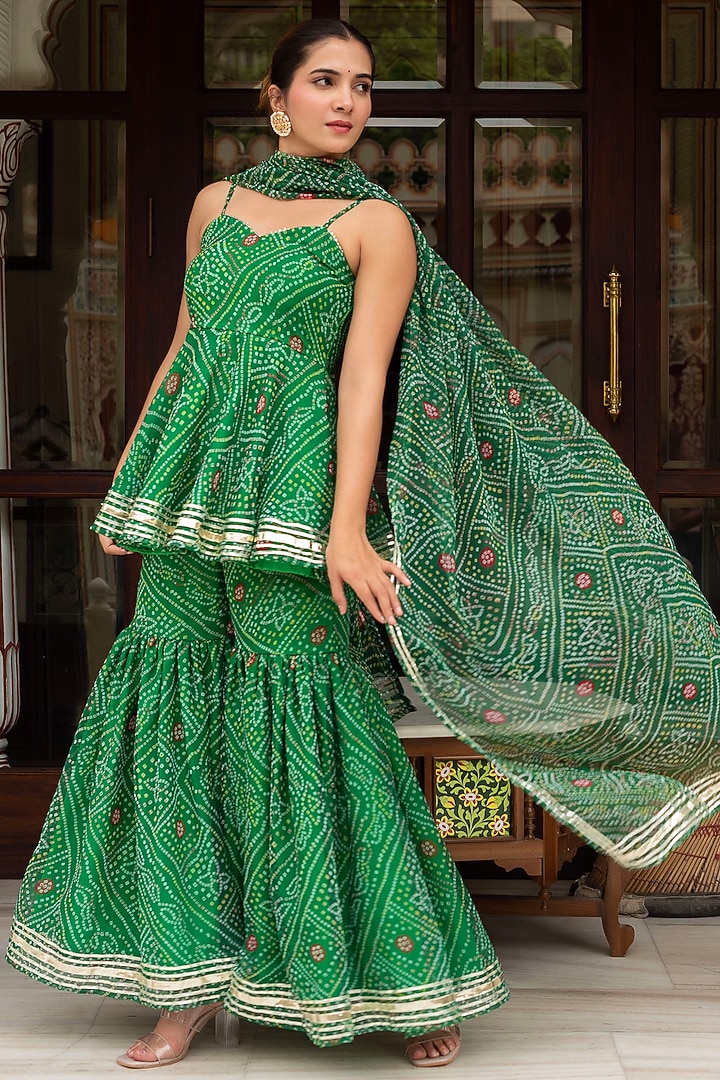 Green Georgette Bandhej Printed Sharara Set by Pomcha Jaipur at Pernia's Pop Up Shop