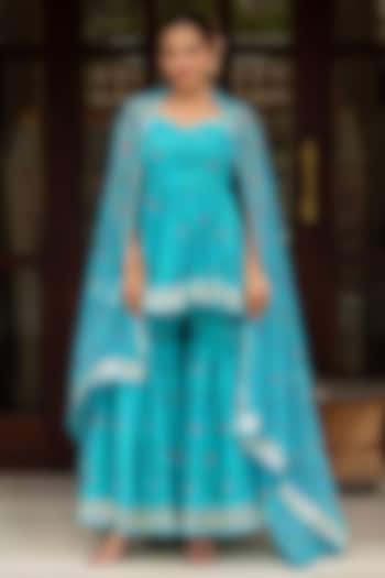 Blue Georgette Bandhej Printed Sharara Set by Pomcha Jaipur at Pernia's Pop Up Shop