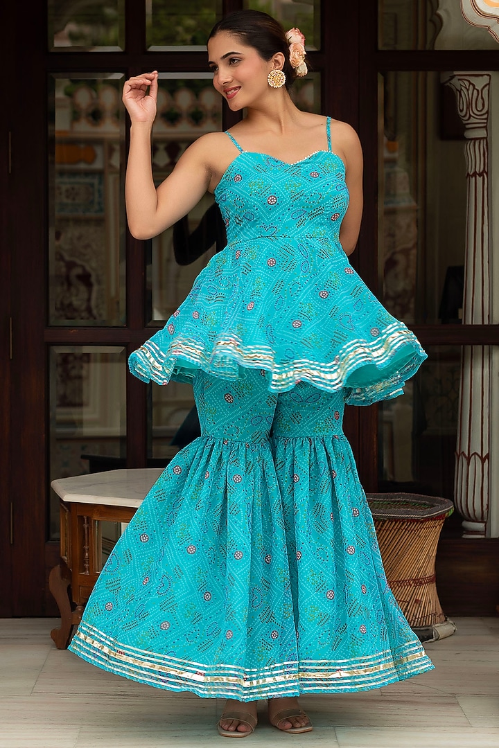 Blue Georgette Bandhej Printed Sharara Set by Pomcha Jaipur at Pernia's Pop Up Shop