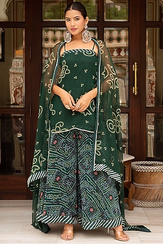 Bottle Green Georgette Bandhej Printed Palazzo Set by Pomcha Jaipur