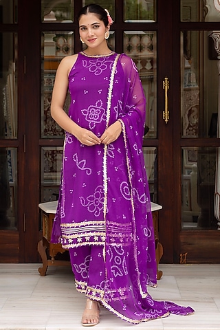 Purple Georgette Bandhej Printed & Gota Patti Embroidered Kurta Set by Pomcha Jaipur
