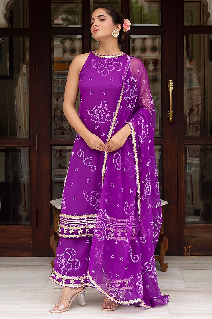 Purple Georgette Bandhej Printed & Gota Patti Embroidered Kurta Set by Pomcha Jaipur at Pernia's Pop Up Shop
