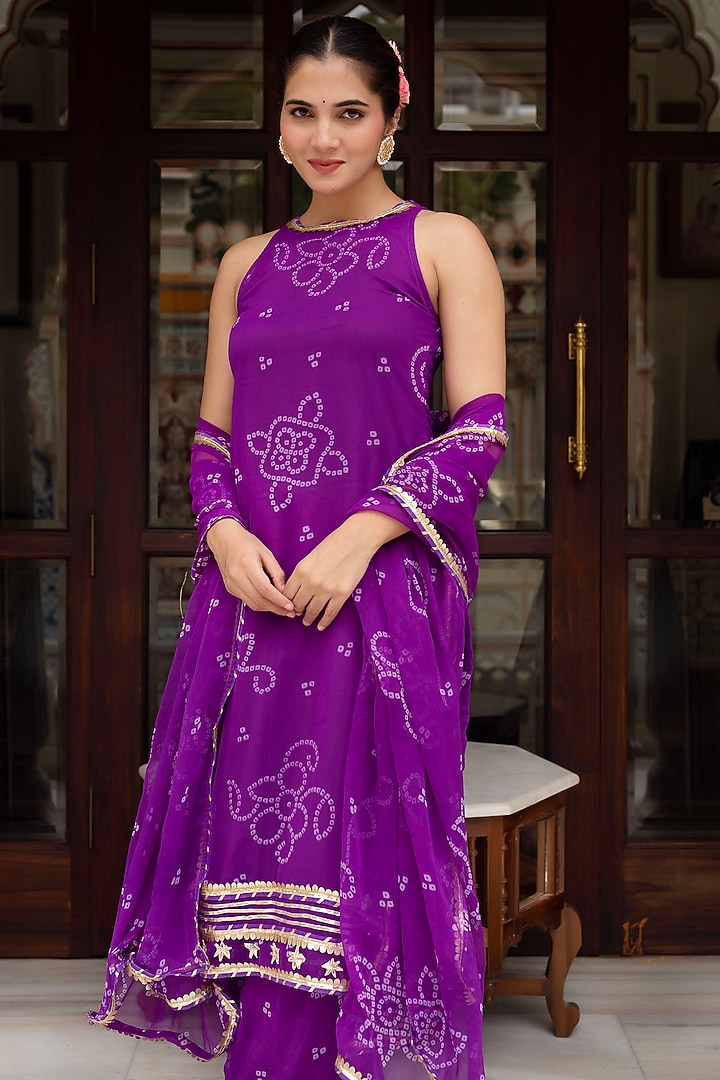 Purple Georgette Bandhej Printed & Gota Patti Embroidered Kurta Set by Pomcha Jaipur at Pernia's Pop Up Shop