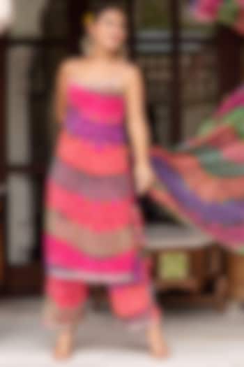 Multi-Colored Georgette Bandhej Printed & Gota Patti Embroidered Kurta Set by Pomcha Jaipur at Pernia's Pop Up Shop