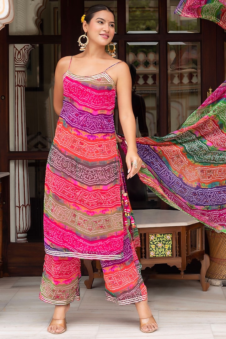 Multi-Colored Georgette Bandhej Printed & Gota Patti Embroidered Kurta Set by Pomcha Jaipur at Pernia's Pop Up Shop