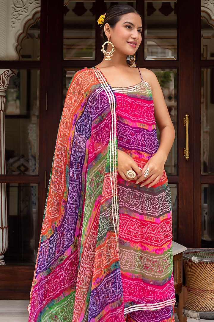 Multi-Colored Georgette Bandhej Printed & Gota Patti Embroidered Kurta Set by Pomcha Jaipur at Pernia's Pop Up Shop