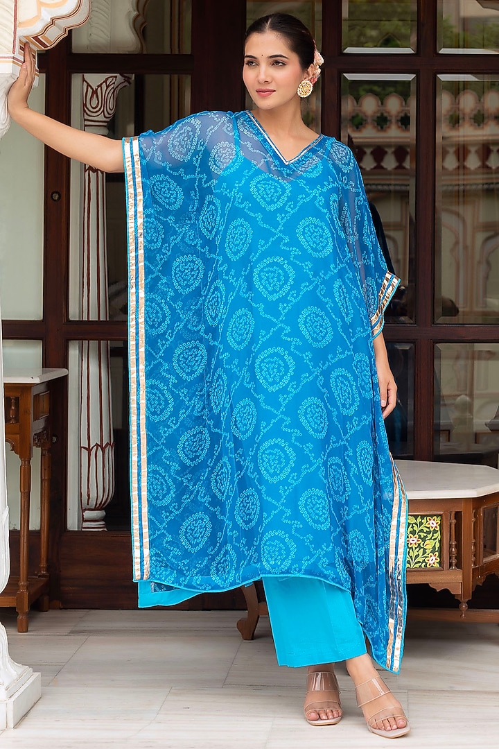 Blue Georgette Bandhej Printed Kaftan Set by Pomcha Jaipur at Pernia's Pop Up Shop
