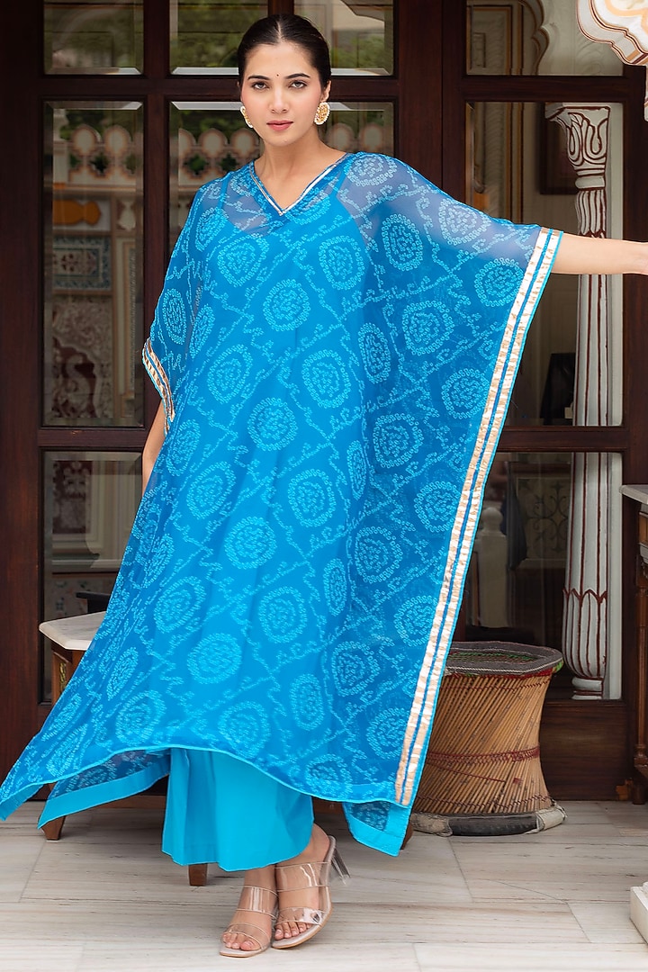 Blue Georgette Bandhej Printed Kaftan Set by Pomcha Jaipur at Pernia's Pop Up Shop